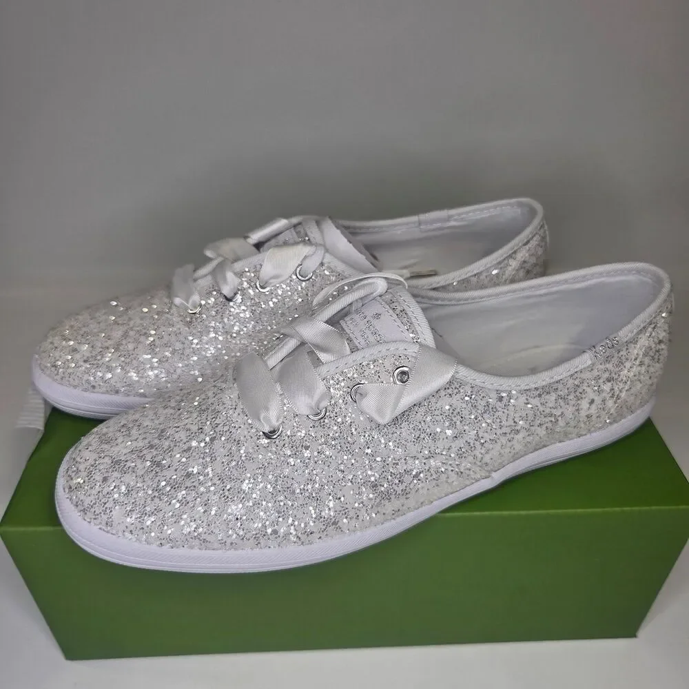 Kate Spade x Keds Sneakers White Glitter Low Lace Champion Women's 8.5 NEW